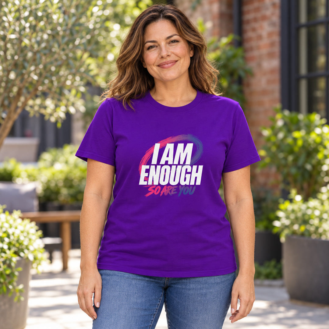 Purple I AM ENOUGH T-shirt with white graffiti lettering, lifestyle mockup