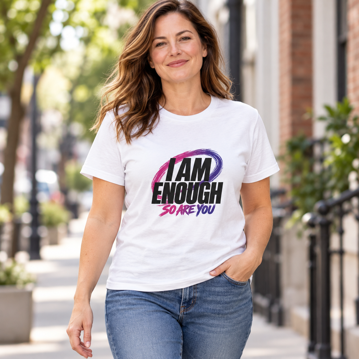 I AM ENOUGH tee-light lifestyle mockup with graffiti SO ARE YOU artwork