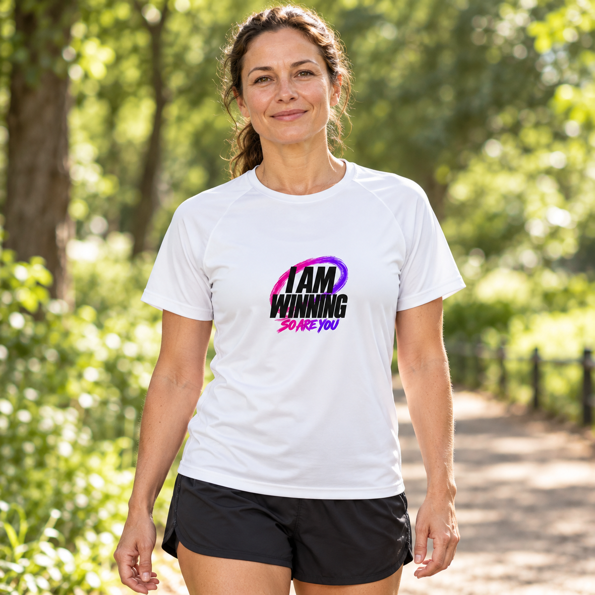 I AM WINNING sports T-shirt lifestyle mockup with graffiti SO ARE YOU artwork