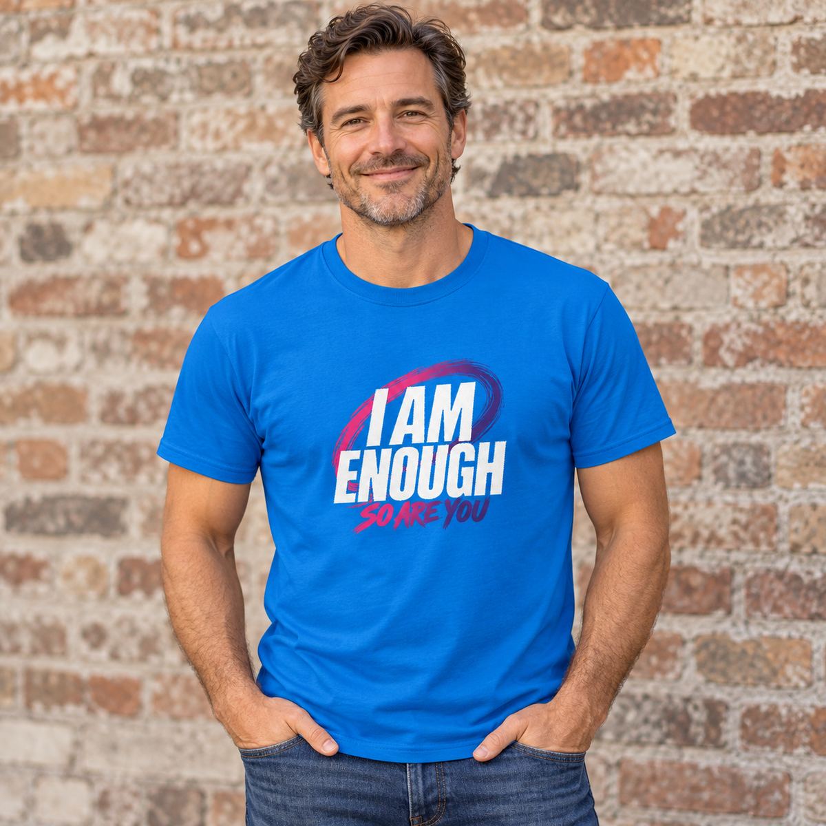 I AM ENOUGH tee-dark lifestyle mockup with graffiti SO ARE YOU artwork