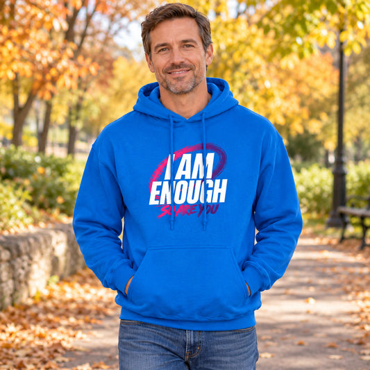 Royal blue I AM ENOUGH pullover hoodie with white lettering, lifestyle mockup