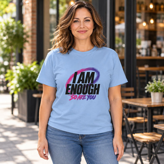 Light Blue I AM ENOUGH unisex T-shirt with black lettering, lifestyle mockup